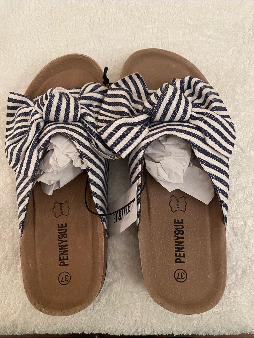 Penny & Sue Navy Stripe Bow Slide Sandals - Navy/White
